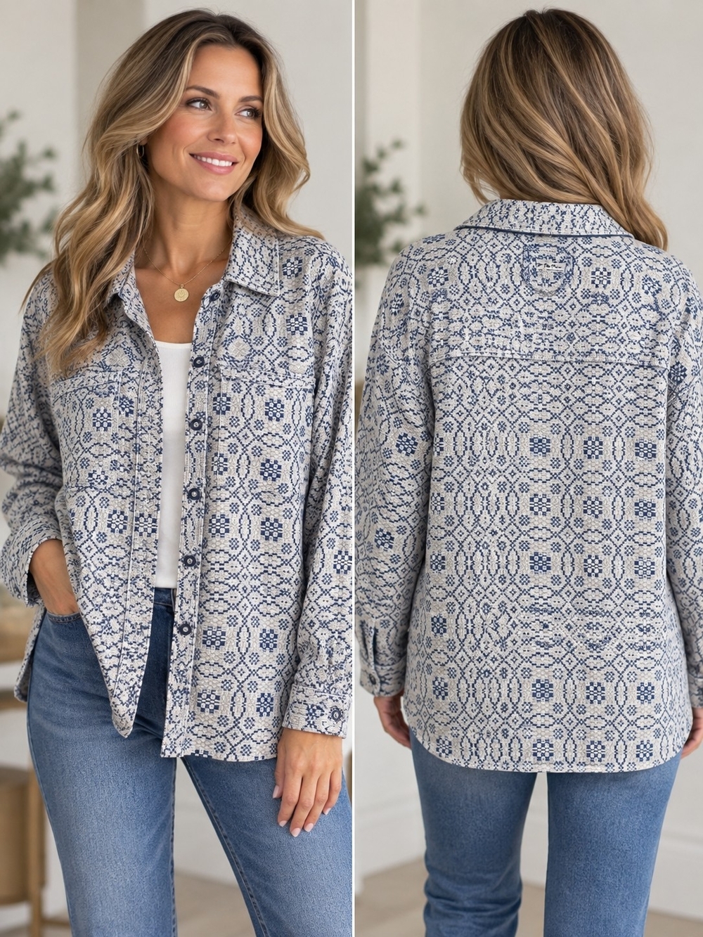 We The Free Free People Geometric Jacquard Button Down Shacket Size Medium